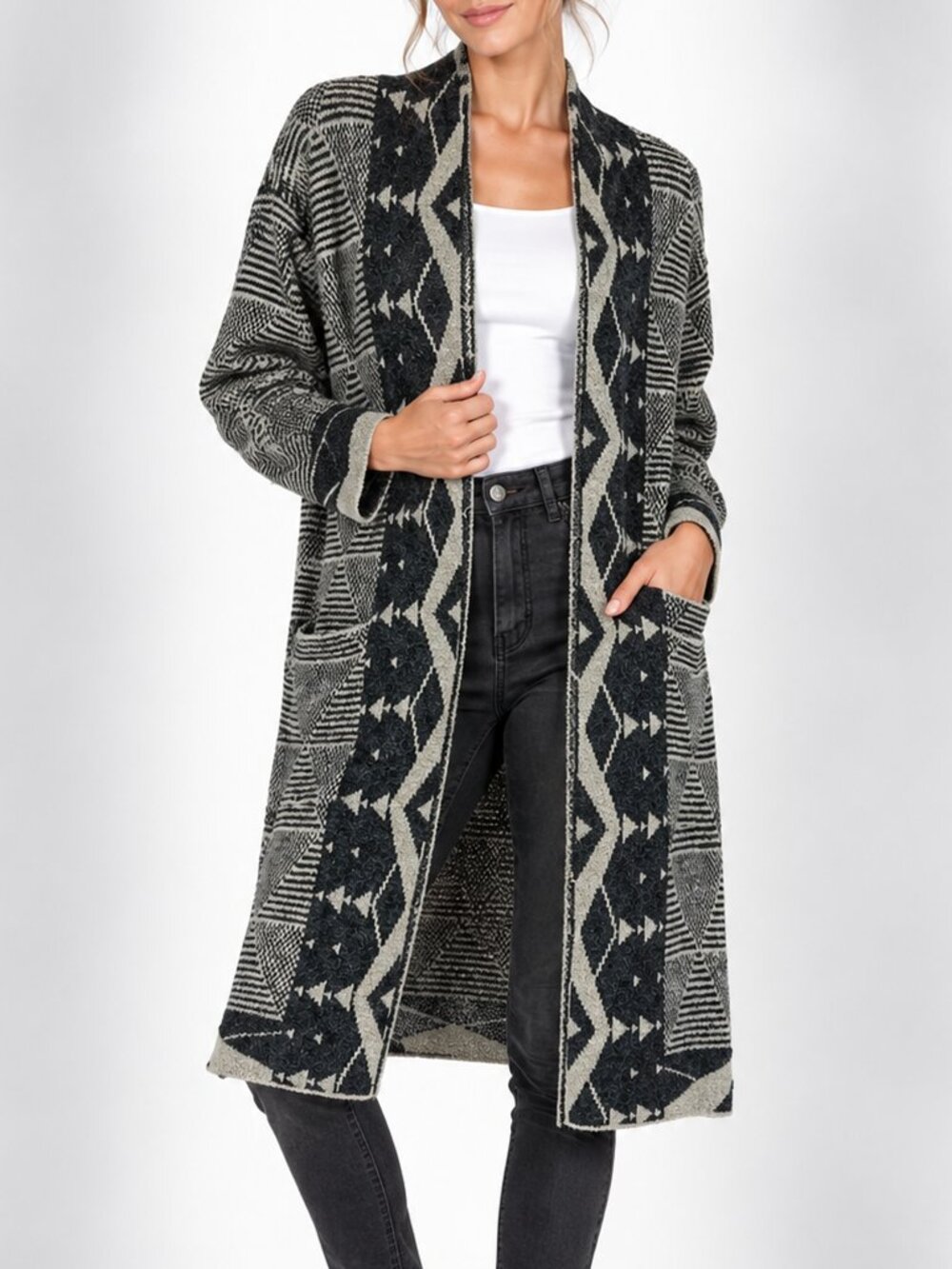 Cyrus Womens S Long Cardigan Black Gray Geometric Aztec Open Front Duster NWT